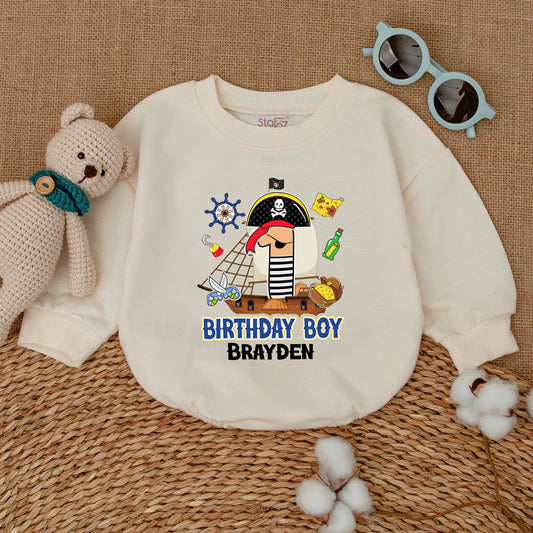 Personalized Pirate First Birthday Boy Romper featuring a Whimsical Cartoon One with Eye Patch Hat and Treasure Design Bodysuit
