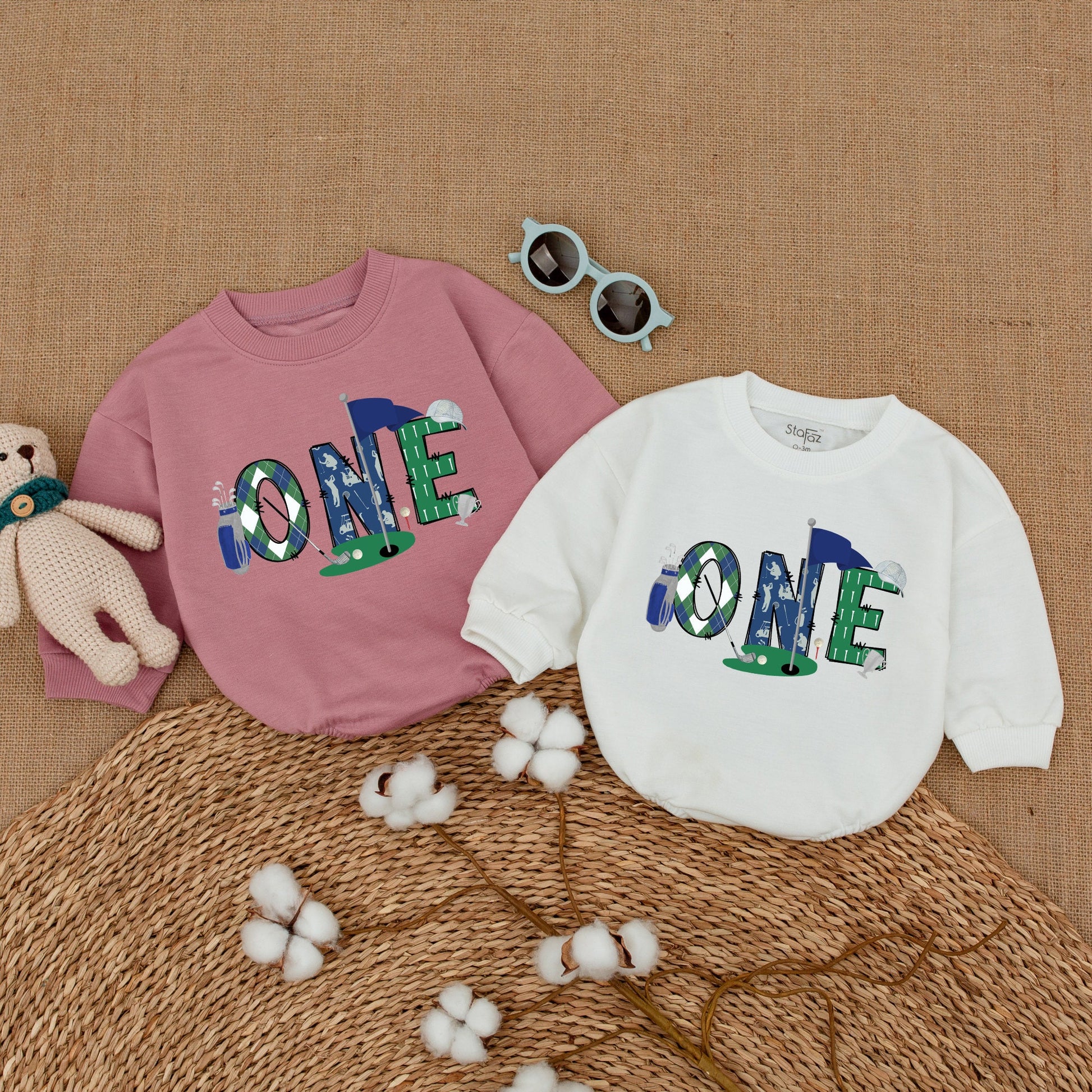 Baby Boy Golf Hole in One First Birthday Romper Outfit Playful ONE Golfing Cake Smash Bubble Bodysuit Blue Green Plaid Newborn Infant Gift