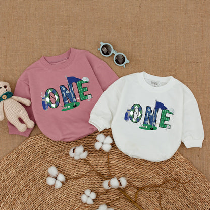 Baby Boy Golf Hole in One First Birthday Romper Outfit Playful ONE Golfing Cake Smash Bubble Bodysuit Blue Green Plaid Newborn Infant Gift