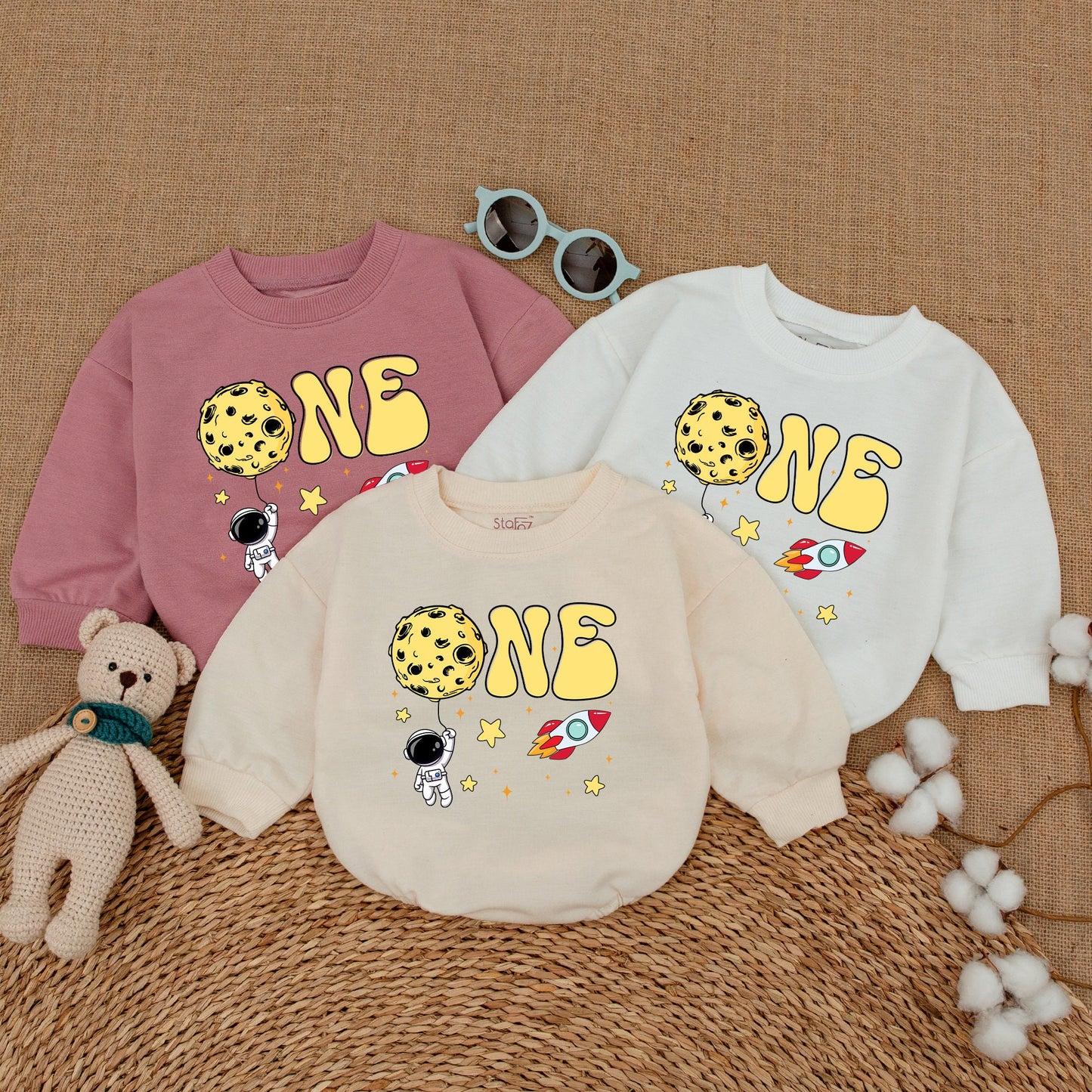 Personalized Space Astronaut 1st Birthday Bubble Romper Whimsical Rocket Stars Yellow Red Black Baby Bodysuit Outfit