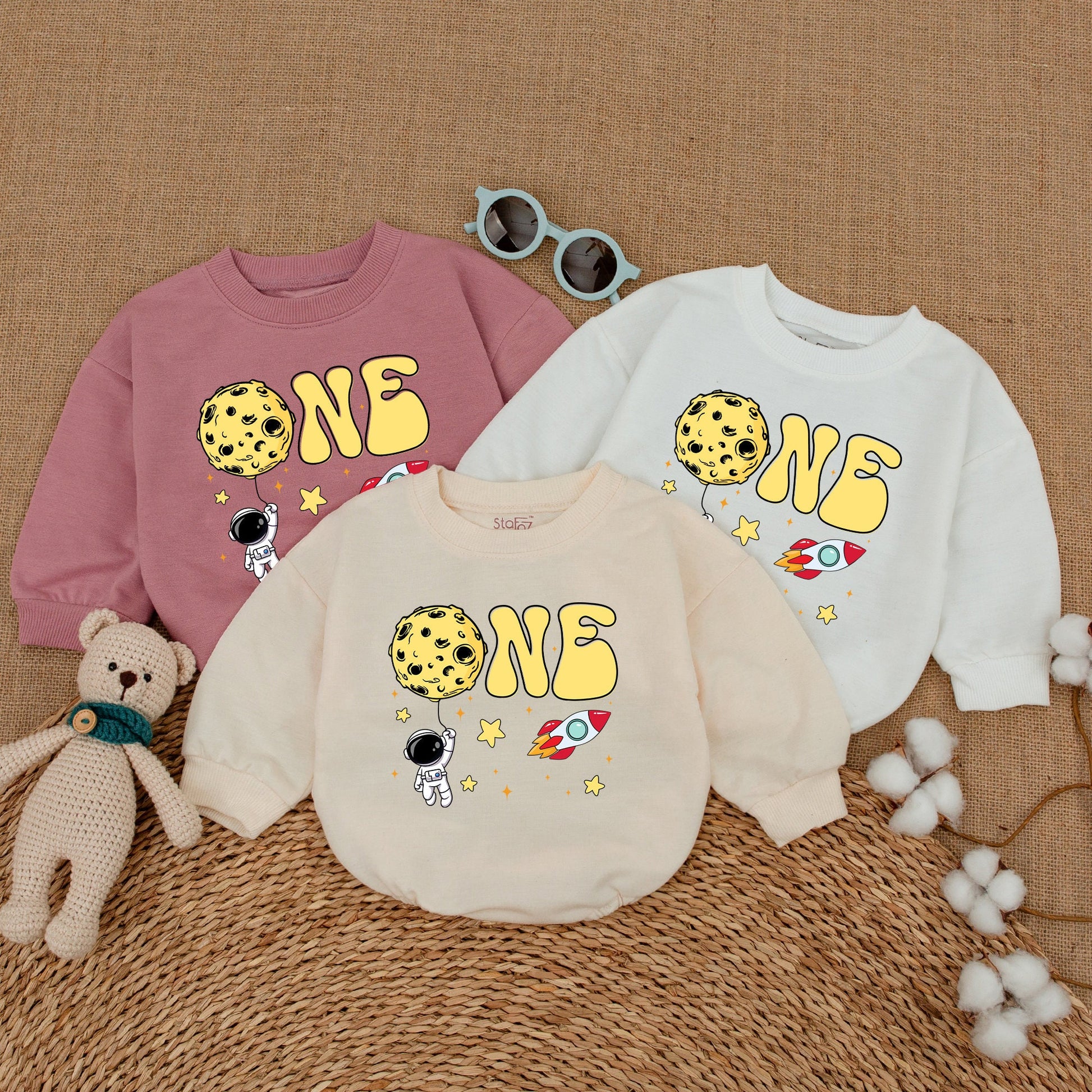 Personalized Space Astronaut 1st Birthday Bubble Romper Whimsical Rocket Stars Yellow Red Black Baby Bodysuit Outfit