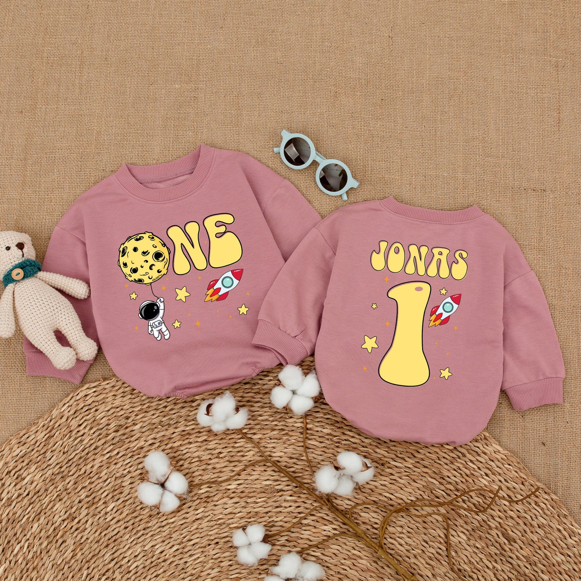 Personalized Space Astronaut 1st Birthday Bubble Romper Whimsical Rocket Stars Yellow Red Black Baby Bodysuit Outfit