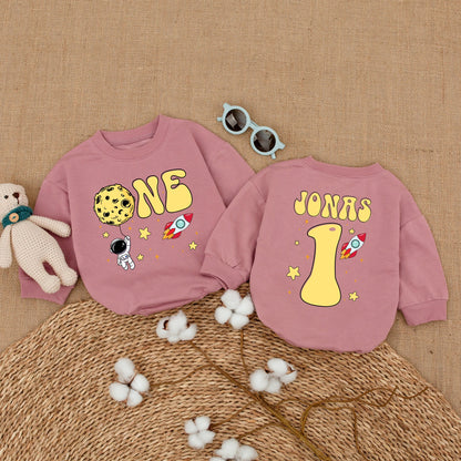 Personalized Space Astronaut 1st Birthday Bubble Romper Whimsical Rocket Stars Yellow Red Black Baby Bodysuit Outfit