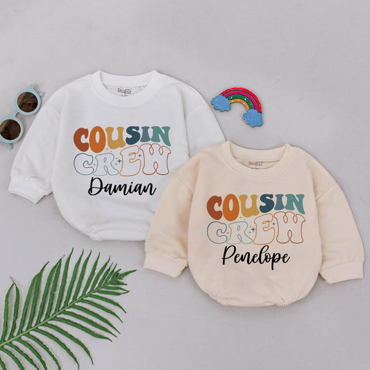 Personalized Cousin Crew Romper Retro 70s Style Infant Bodysuit Custom Name Bubbly Font Brown Orange Teal Starburst Family Reunion Gift
