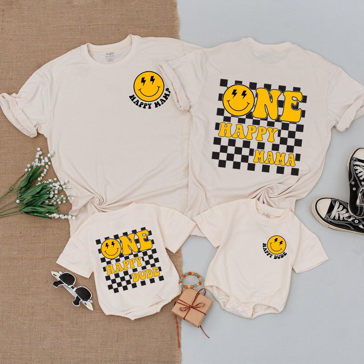 One Happy Dude 1st Birthday Matching Family Shirts Yellow Smiley Face Retro Checkerboard Mom Dad Baby Toddler Celebration Outfit