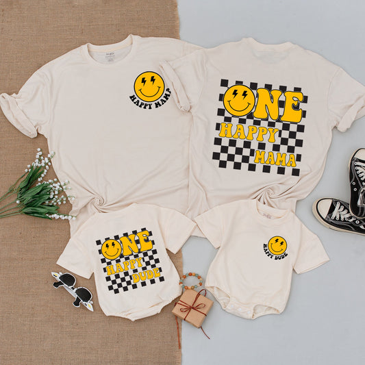 One Happy Dude 1st Birthday Matching Family Shirts Yellow Smiley Face Retro Checkerboard Mom Dad Baby Toddler Celebration Outfit