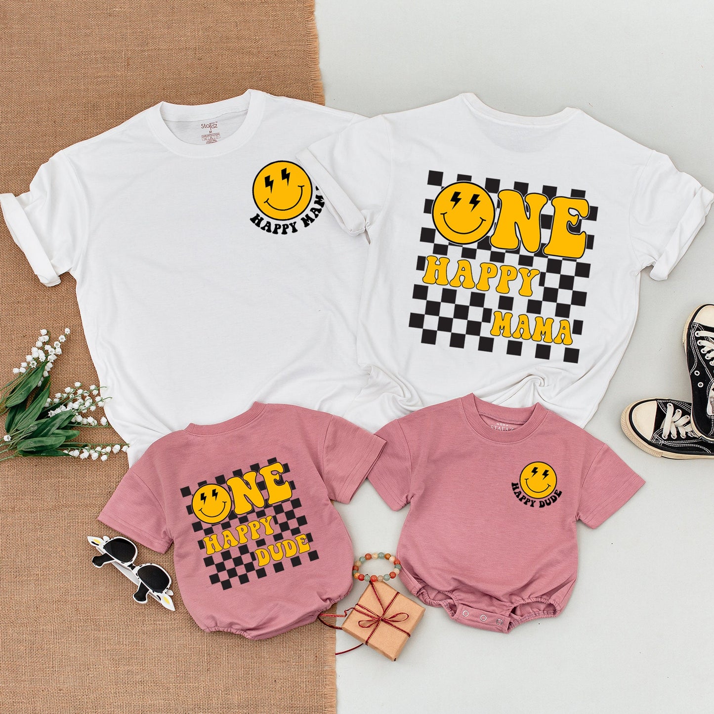One Happy Dude 1st Birthday Matching Family Shirts Yellow Smiley Face Retro Checkerboard Mom Dad Baby Toddler Celebration Outfit