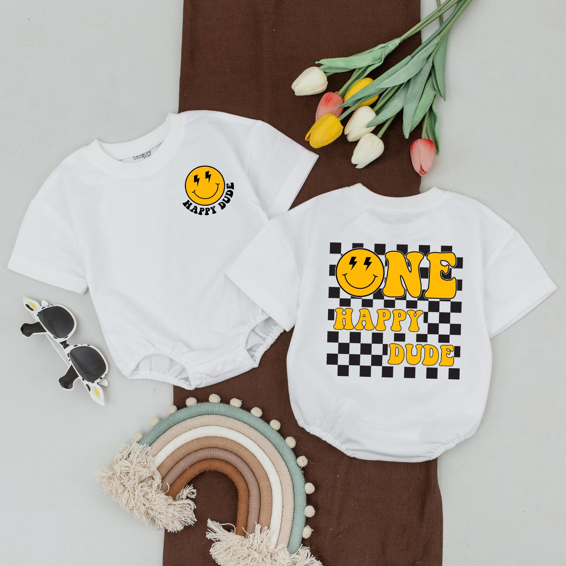 One Happy Dude 1st Birthday Matching Family Shirts Yellow Smiley Face Retro Checkerboard Mom Dad Baby Toddler Celebration Outfit