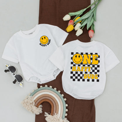 One Happy Dude 1st Birthday Matching Family Shirts Yellow Smiley Face Retro Checkerboard Mom Dad Baby Toddler Celebration Outfit