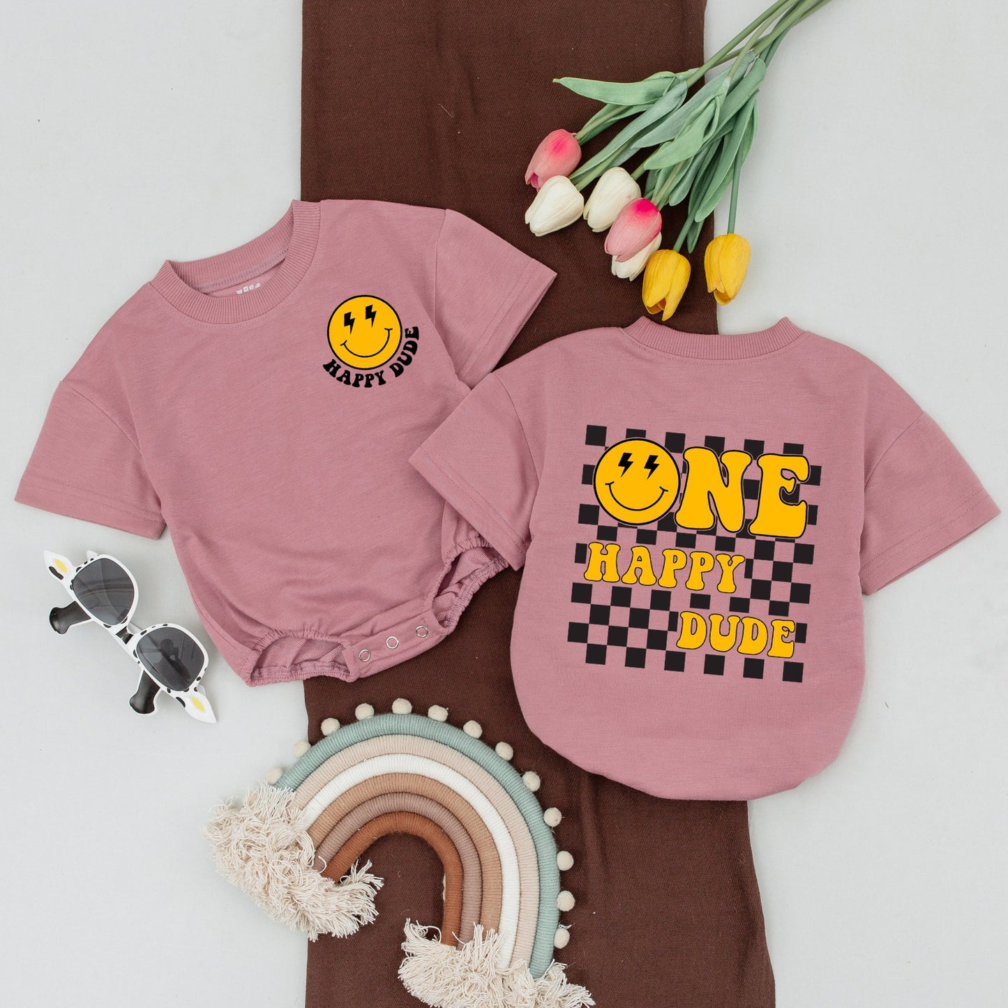 One Happy Dude 1st Birthday Matching Family Shirts Yellow Smiley Face Retro Checkerboard Mom Dad Baby Toddler Celebration Outfit
