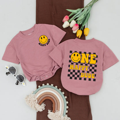 One Happy Dude 1st Birthday Matching Family Shirts Yellow Smiley Face Retro Checkerboard Mom Dad Baby Toddler Celebration Outfit