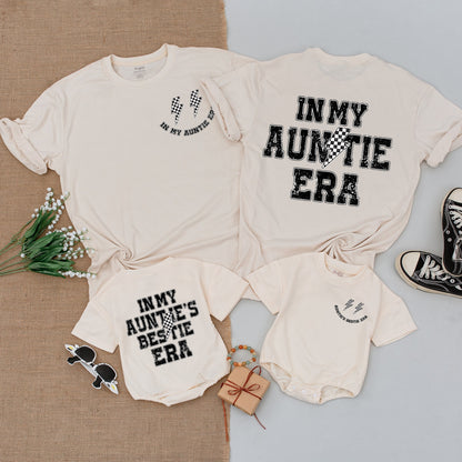 Cool Auntie Era Matching Outfit Auntie's Bestie Set Black White Distressed Design Trendy Lightning Bolt Newborn Girl Romper Baby Shower Gift