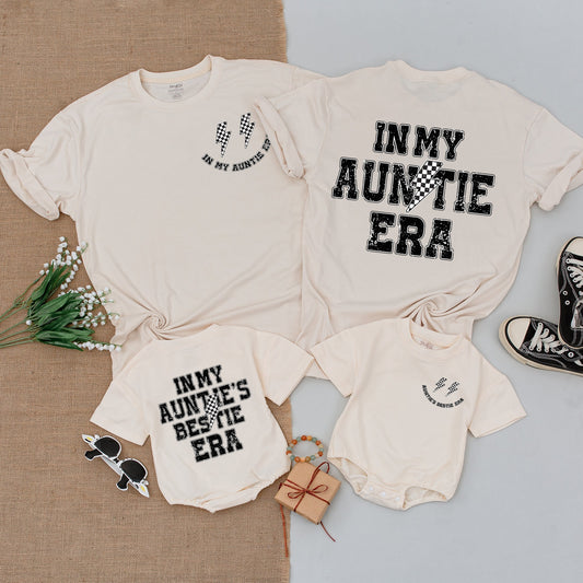 Cool Auntie Era Matching Outfit Auntie's Bestie Set Black White Distressed Design Trendy Lightning Bolt Newborn Girl Romper Baby Shower Gift