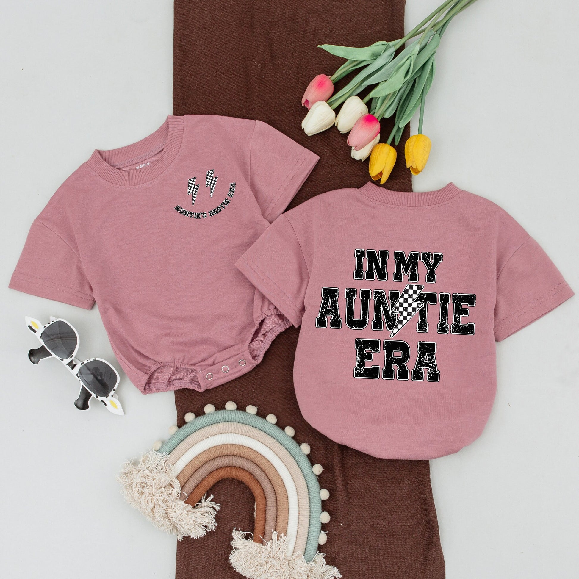 Cool Auntie Era Matching Outfit Auntie's Bestie Set Black White Distressed Design Trendy Lightning Bolt Newborn Girl Romper Baby Shower Gift