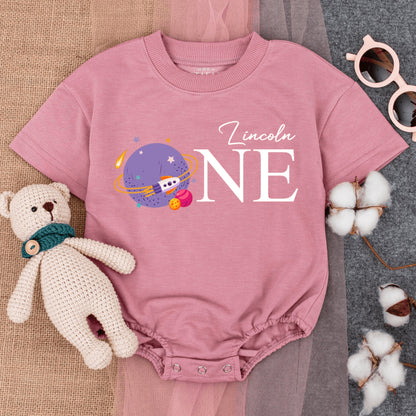 Custom Lincoln ONE Birthday Baby Romper Space Theme First Trip Around the Sun Outfit Planet Spaceship Cartoon Pastel Playful Infant Bodysuit Gift