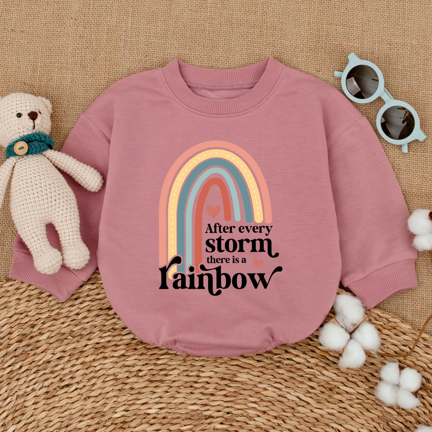 Sweet Muted Rainbow Baby Romper Bodysuit After Every Storm Quote Peach Teal Yellow Hearts Design Gender Neutral Infant Gift