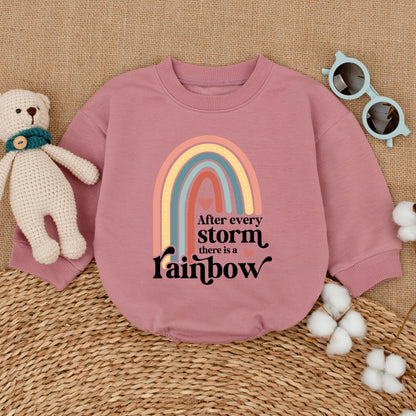 Sweet Muted Rainbow Baby Romper Bodysuit After Every Storm Quote Peach Teal Yellow Hearts Design Gender Neutral Infant Gift