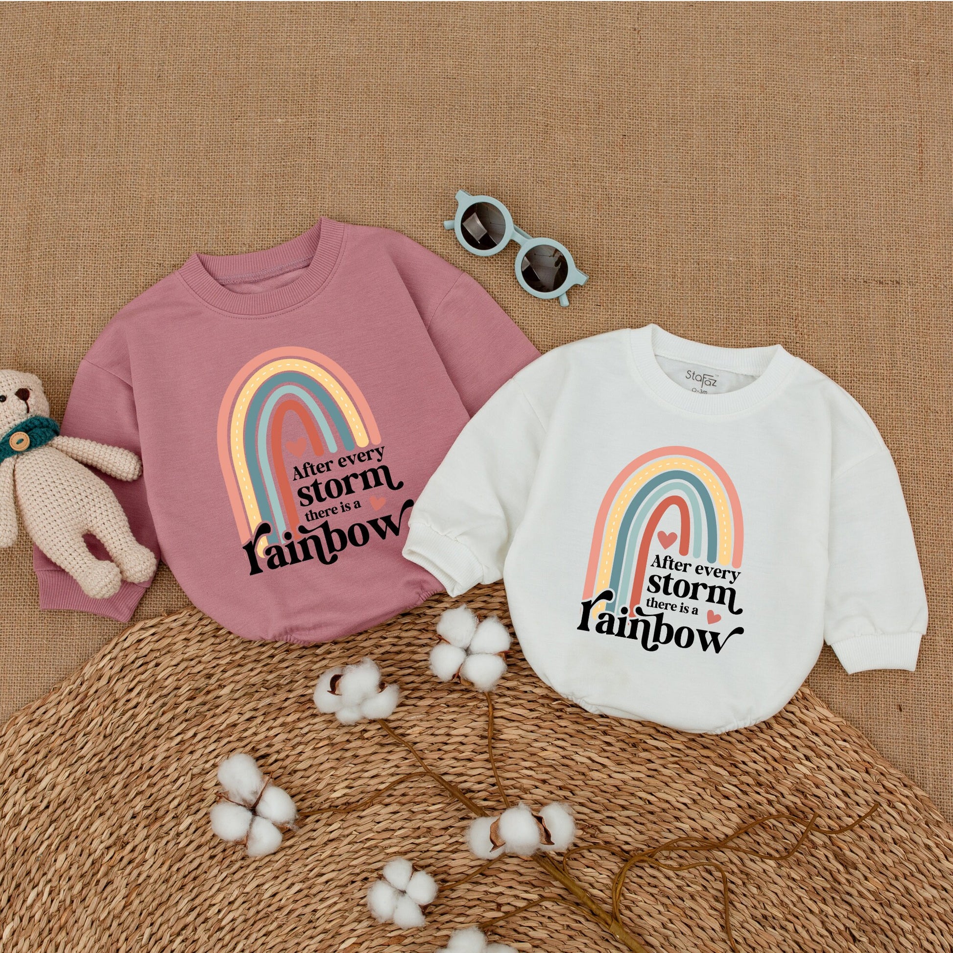Sweet Muted Rainbow Baby Romper Bodysuit After Every Storm Quote Peach Teal Yellow Hearts Design Gender Neutral Infant Gift