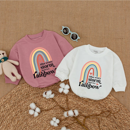 Sweet Muted Rainbow Baby Romper Bodysuit After Every Storm Quote Peach Teal Yellow Hearts Design Gender Neutral Infant Gift