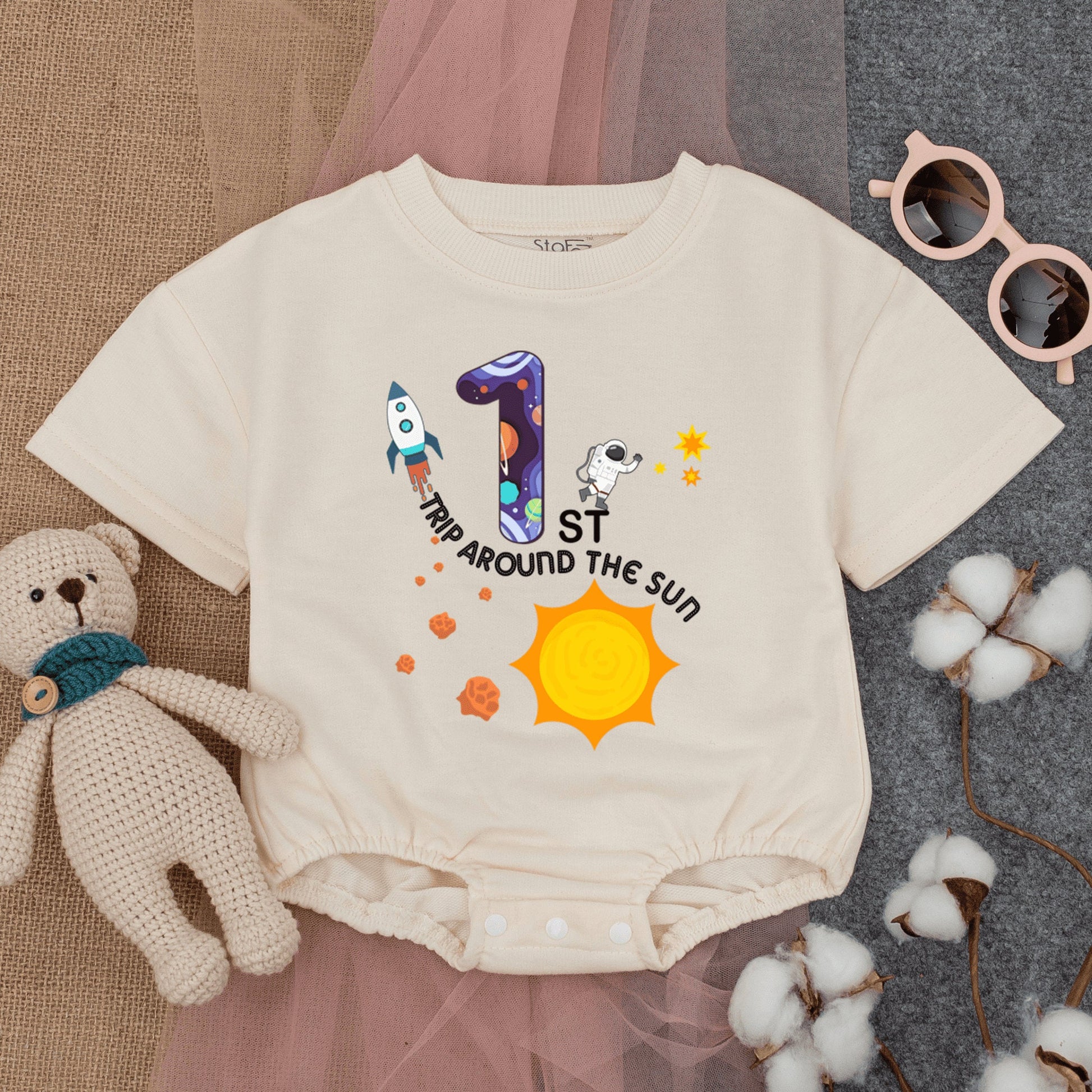 Baby Boy First Birthday Space Romper with Galaxy Number One Rocket Astronaut Design Trip Around the Sun Outfit Infant Bodysuit Clothes