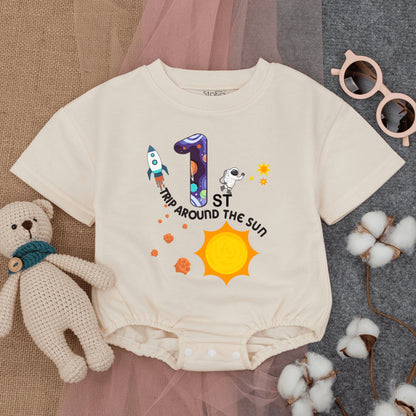 Baby Boy First Birthday Space Romper with Galaxy Number One Rocket Astronaut Design Trip Around the Sun Outfit Infant Bodysuit Clothes