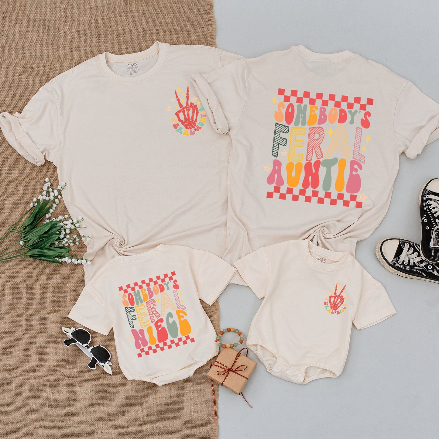 Feral Auntie & Niece Matching Outfits, Retro Playful Shirt & Romper Gift for Baby Girl Toddler, Checkered Multi-Colored Fun Whimsical Design