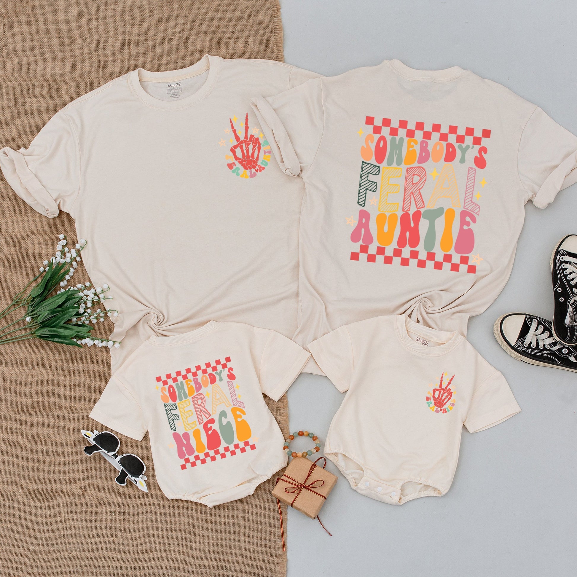 Feral Auntie & Niece Matching Outfits, Retro Playful Shirt & Romper Gift for Baby Girl Toddler, Checkered Multi-Colored Fun Whimsical Design