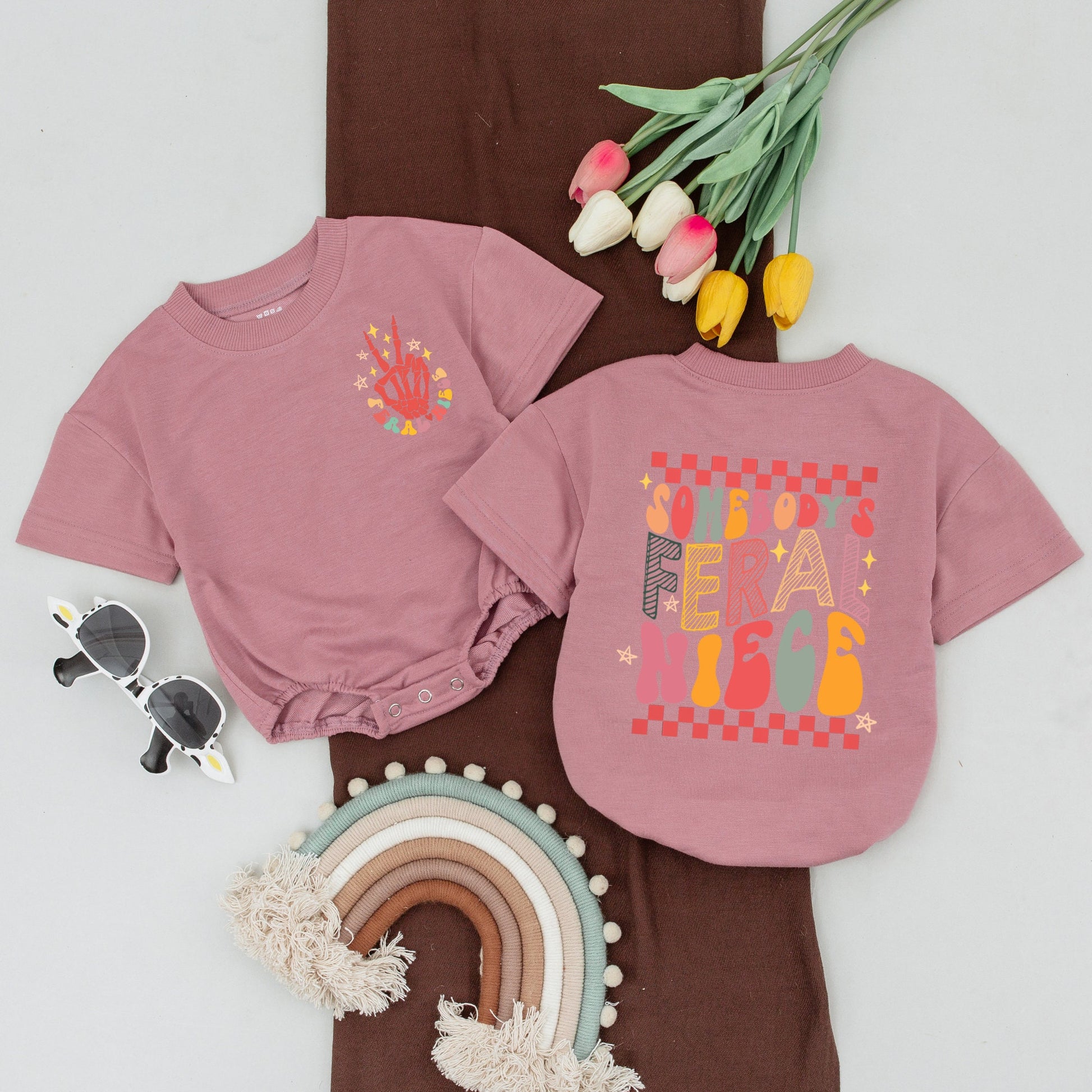 Feral Auntie & Niece Matching Outfits, Retro Playful Shirt & Romper Gift for Baby Girl Toddler, Checkered Multi-Colored Fun Whimsical Design