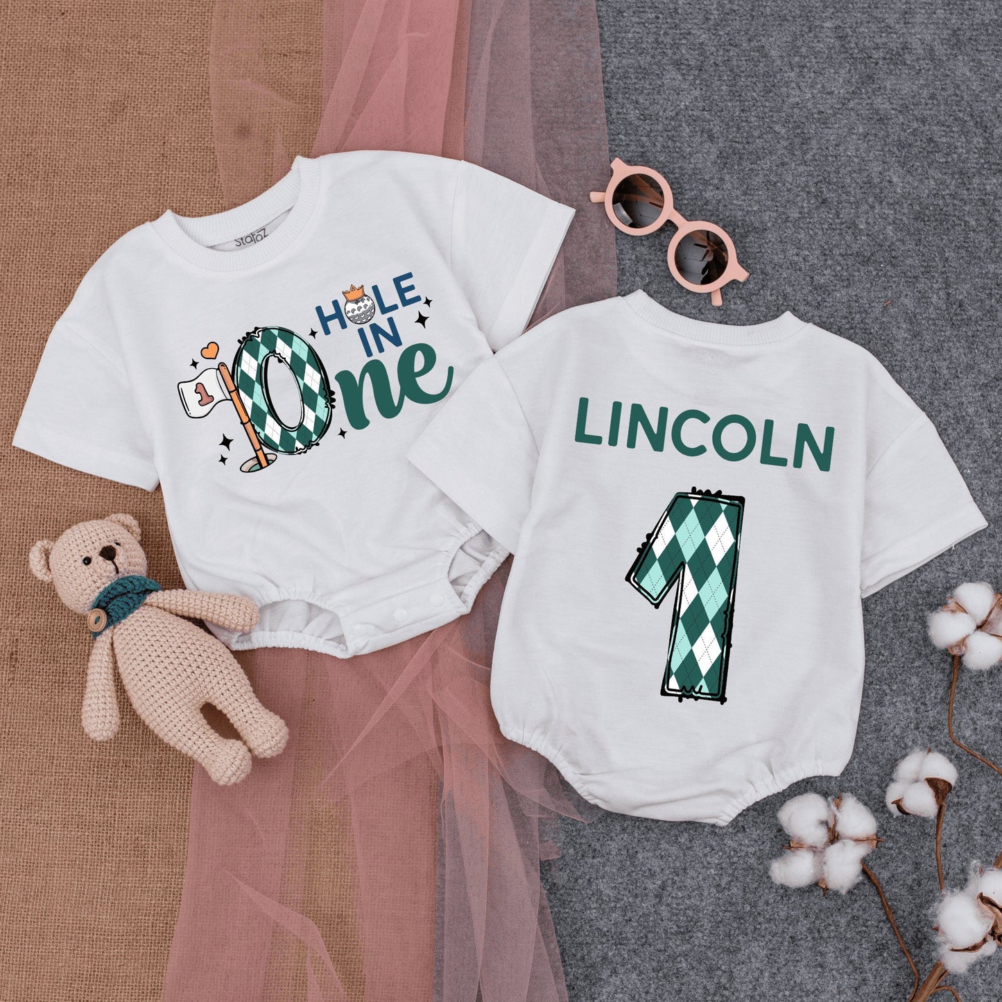 Custom Hole In One Golf Baby Romper Short Sleeve First Birthday Outfit Green Diamond Pattern Flag Design Summer Sportswear