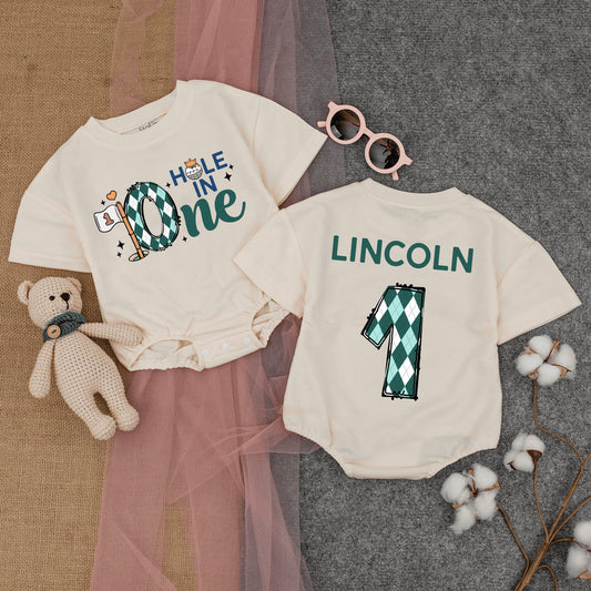Custom Hole In One Golf Baby Romper Short Sleeve First Birthday Outfit Green Diamond Pattern Flag Design Summer Sportswear