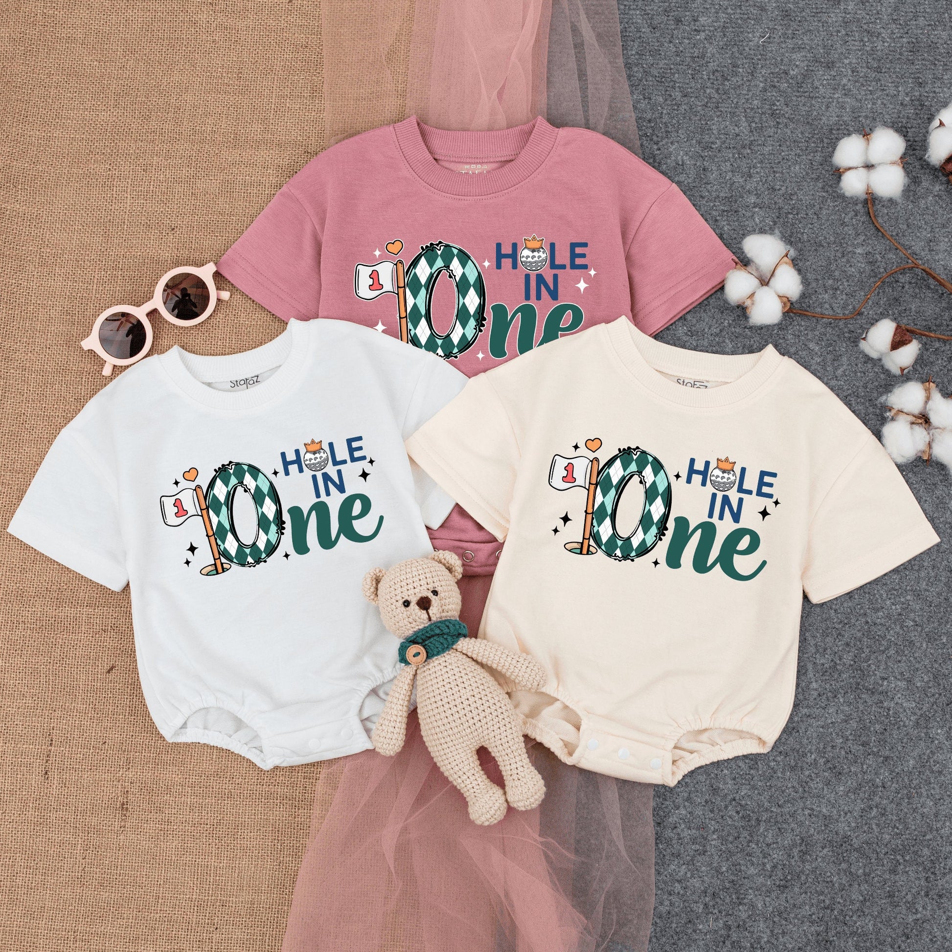 Custom Hole In One Golf Baby Romper Short Sleeve First Birthday Outfit Green Diamond Pattern Flag Design Summer Sportswear