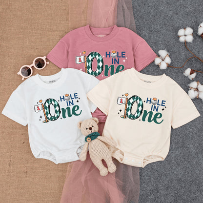 Custom Hole In One Golf Baby Romper Short Sleeve First Birthday Outfit Green Diamond Pattern Flag Design Summer Sportswear