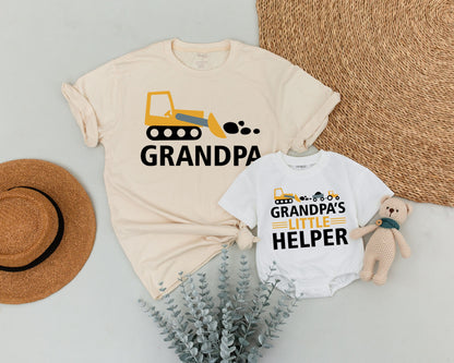 Grandpa & Me Matching Construction Shirts Bulldozer Design for Granddaughter Playful Yellow Black Graphic T-shirts New Grandpa Gift Fathers Day
