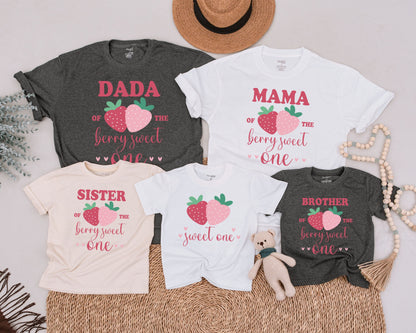 Berry Sweet First Birthday Family Shirts Mommy & Me Strawberry Matching Outfits Toddler 1st Birthday Party Celebration Cotton Tees