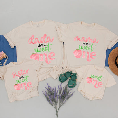 Berry First Birthday Family Matching Shirts Sweet One Strawberry Party Outfits for Baby Girl Boy Mama Daddy & Me Celebration Fun Pink Green Design