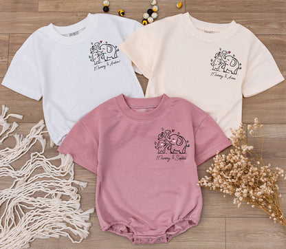 Personalized Elephant Mommy and Me Baby Romper First Mother's Day Gift Custom Name Bodysuit New Mom Baby Shower Neutral Cotton