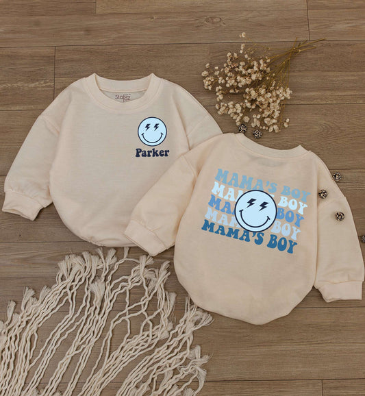 Custom Mama's Boy Baby Bubble Romper with Smiling Face & Lightning Bolts Newborn Outfit, Cute Gift, Baby Shower Clothes