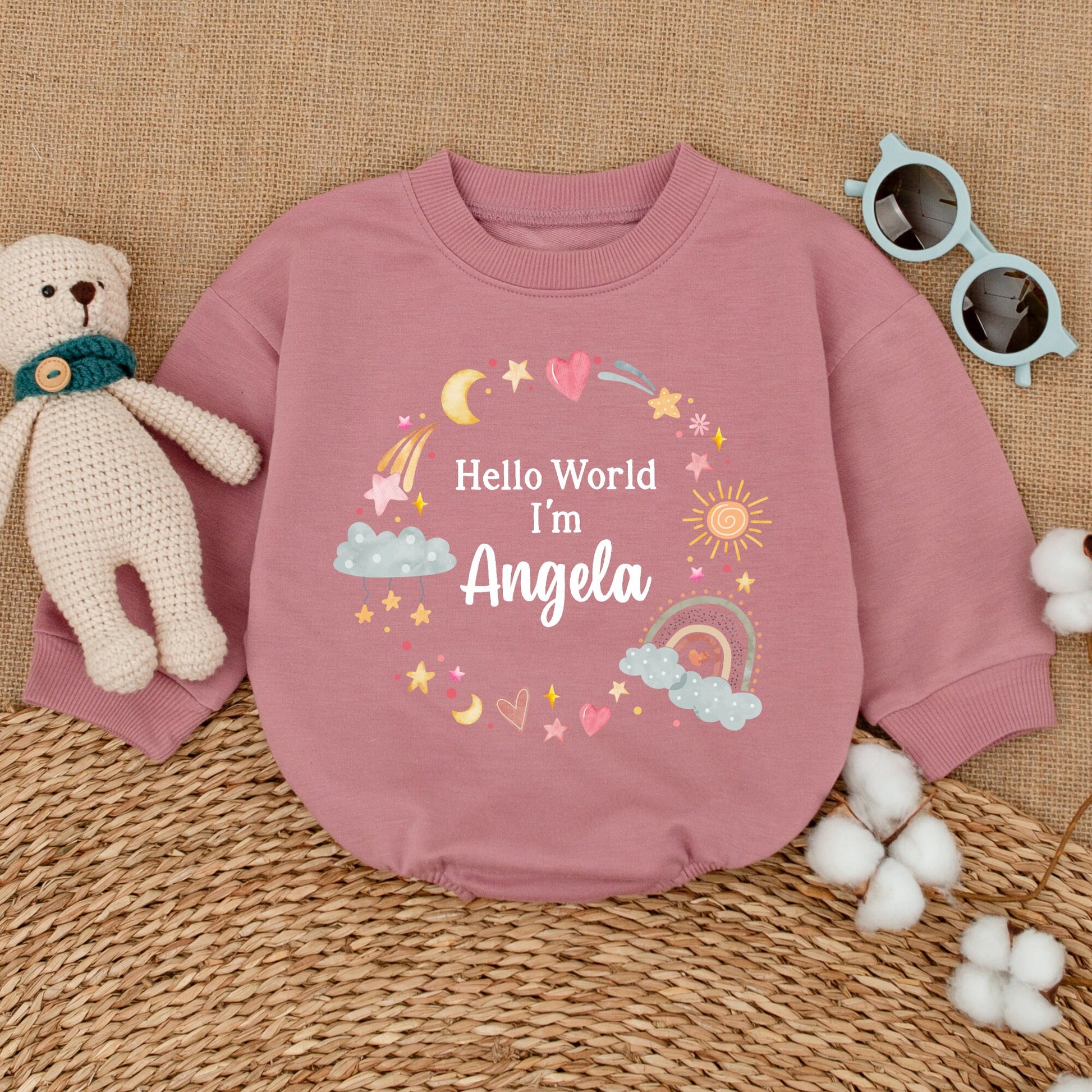 Personalized Hello World Angela Baby Romper Newborn Whimsical Pastel Stars Moons Pregnancy Announcement Baby Shower Gift Coming Home Outfit