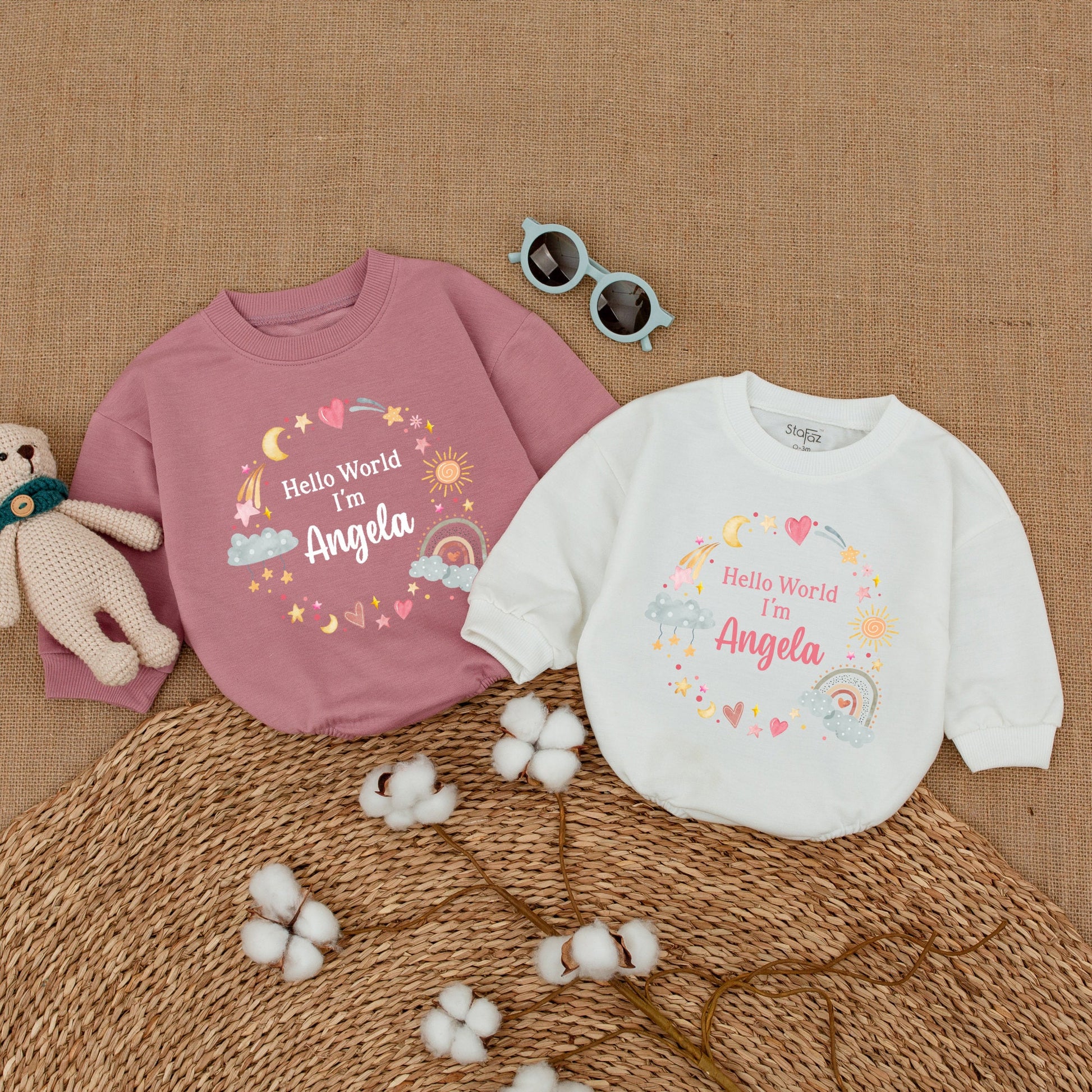 Personalized Hello World Angela Baby Romper Newborn Whimsical Pastel Stars Moons Pregnancy Announcement Baby Shower Gift Coming Home Outfit