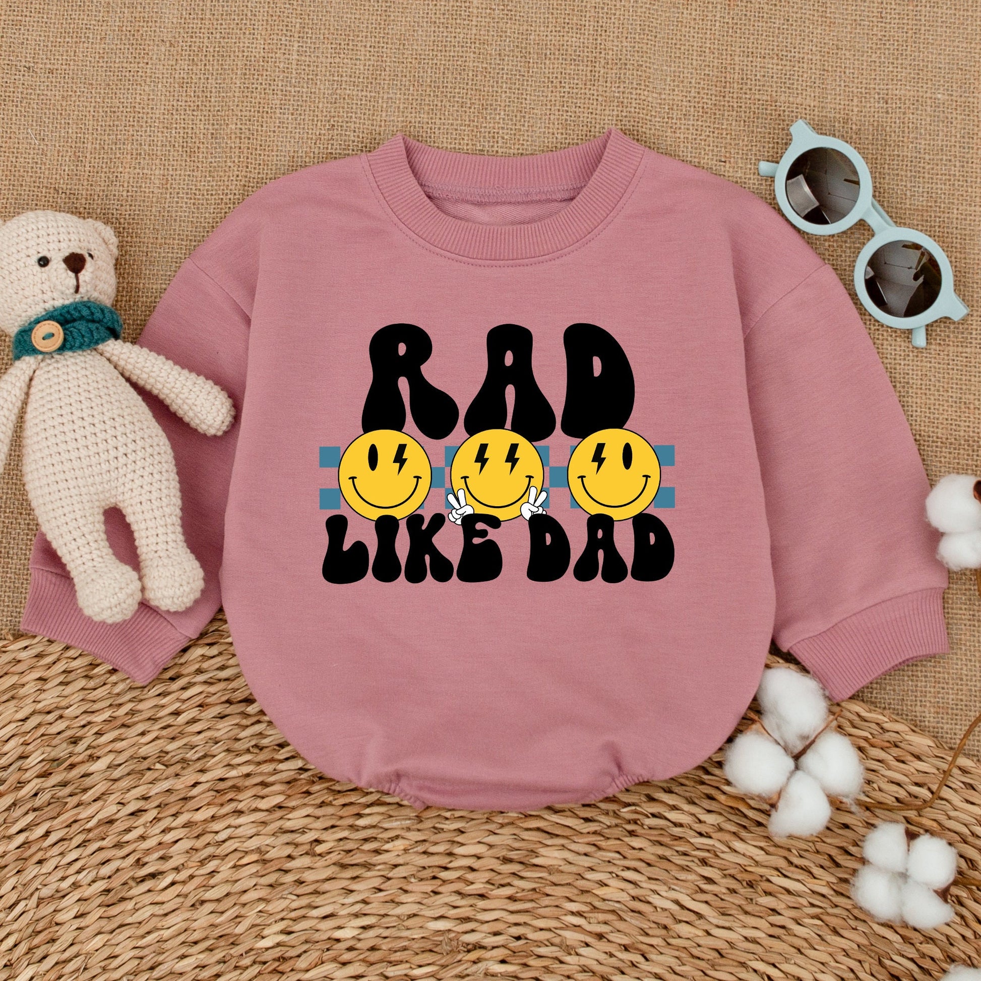 Rad Like Dad Baby Romper Funny Bodysuit Smiley Face Outfit Father's Day New Dad Gift Bubble Romper with Retro Lightning Eyes and Blue Stripes for Baby Boy