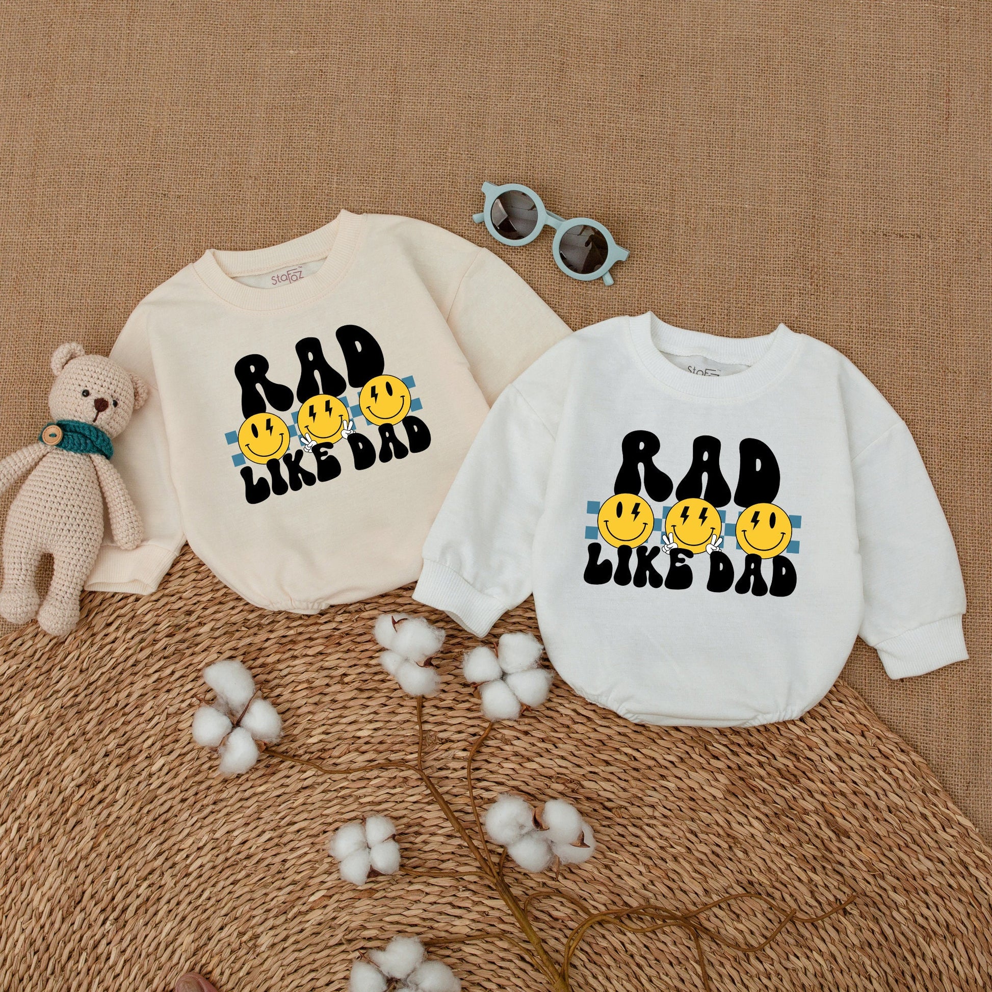 Rad Like Dad Baby Romper Funny Bodysuit Smiley Face Outfit Father's Day New Dad Gift Bubble Romper with Retro Lightning Eyes and Blue Stripes for Baby Boy