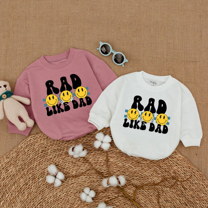 Rad Like Dad Baby Romper Funny Bodysuit Smiley Face Outfit Father's Day New Dad Gift Bubble Romper with Retro Lightning Eyes and Blue Stripes for Baby Boy
