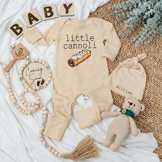 Little Cannoli Baby Bodysuit and Hat Set with Sweet Pastry Illustration Newborn Going Home Outfit Soft Cotton Unisex Baby Shower Gift Keepsake