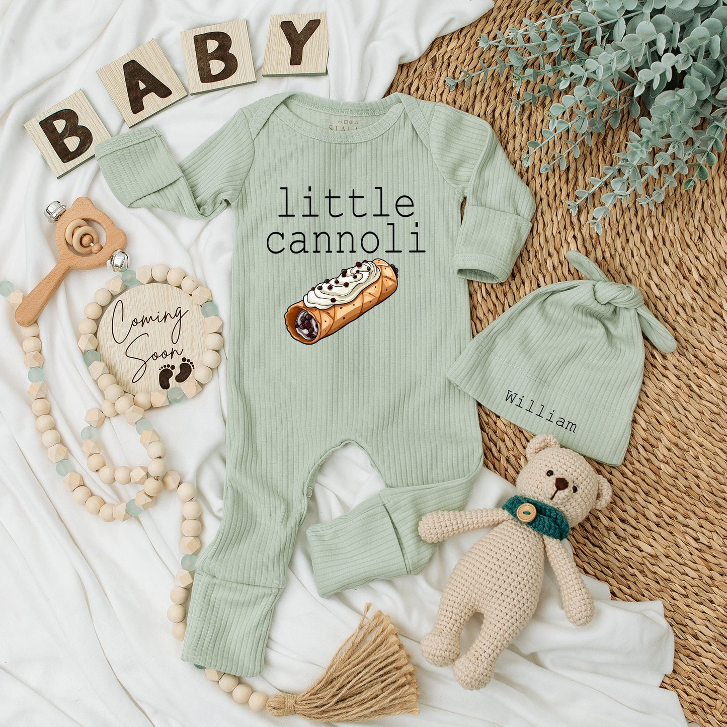 Little Cannoli Baby Bodysuit and Hat Set with Sweet Pastry Illustration Newborn Going Home Outfit Soft Cotton Unisex Baby Shower Gift Keepsake