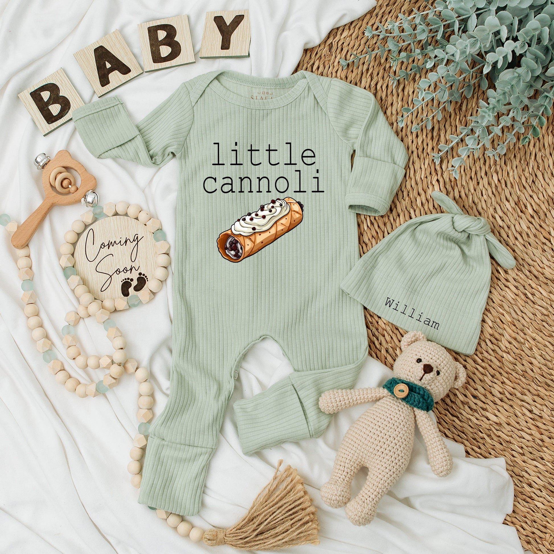 Little Cannoli Baby Bodysuit and Hat Set with Sweet Pastry Illustration Newborn Going Home Outfit Soft Cotton Unisex Baby Shower Gift Keepsake