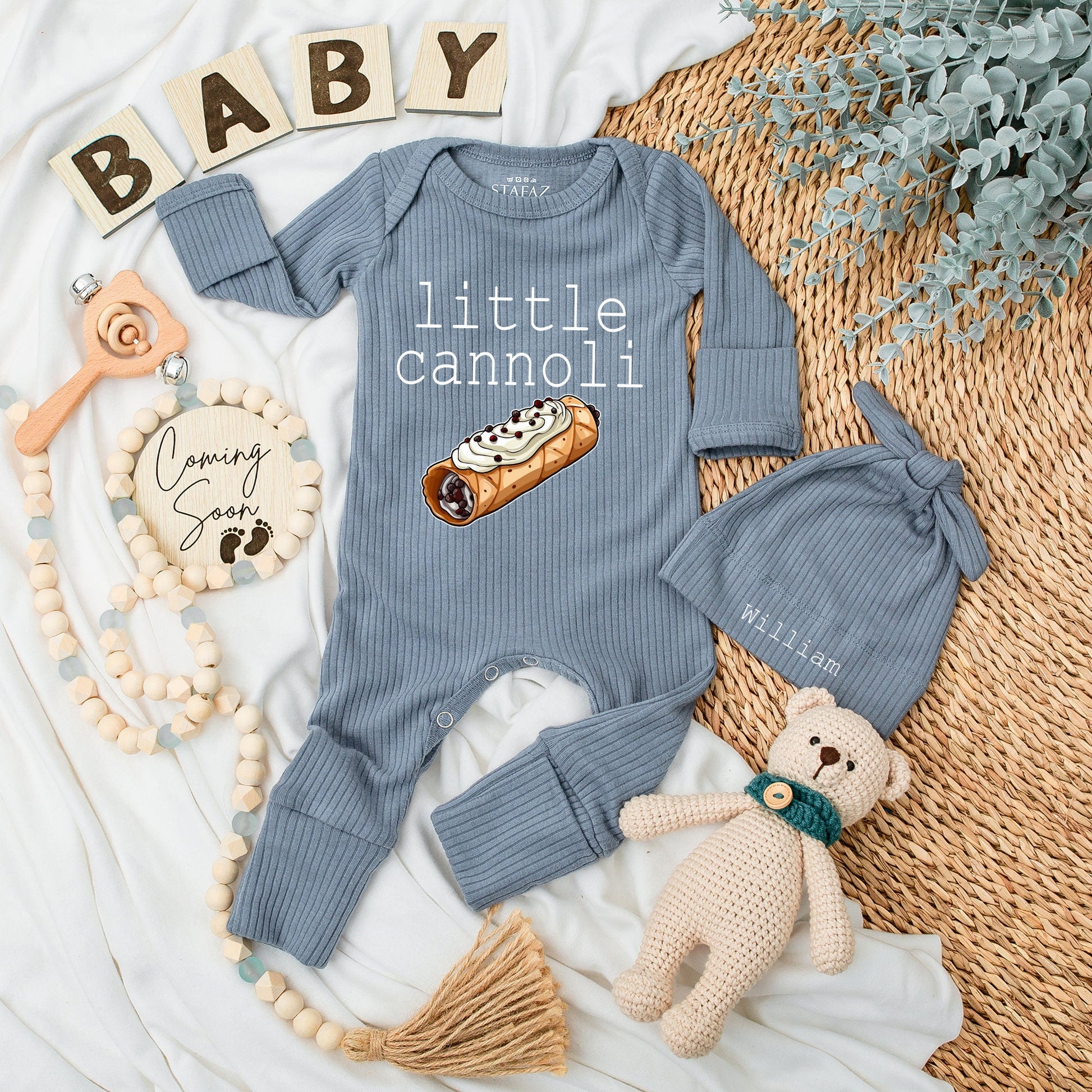 Little Cannoli Baby Bodysuit and Hat Set with Sweet Pastry Illustration Newborn Going Home Outfit Soft Cotton Unisex Baby Shower Gift Keepsake