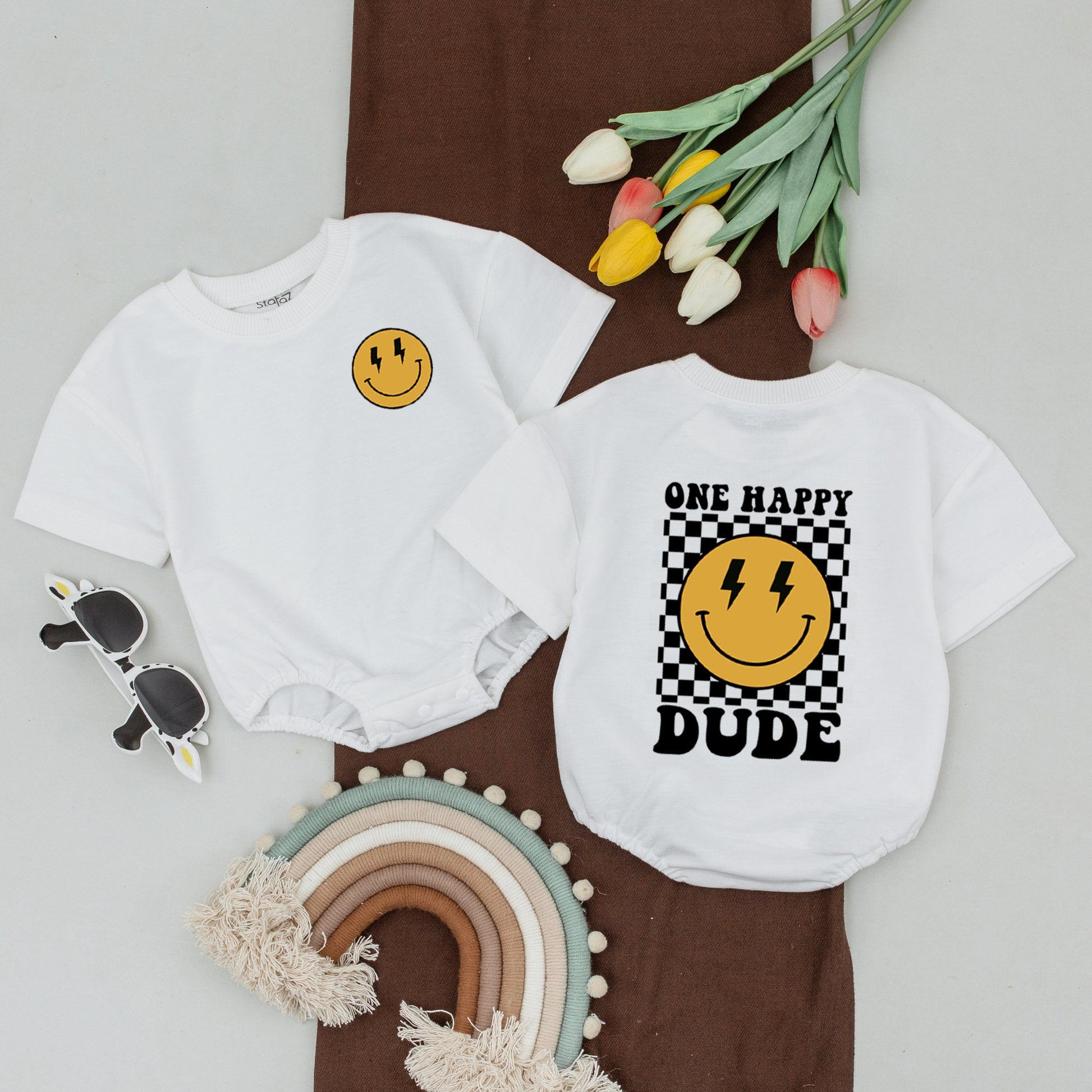 One Happy Dude Birthday Shirt Smiley Face Outfit Baby Boy First Birthday Family Matching Mommy and Me Cotton Casual Party Celebration Clothes