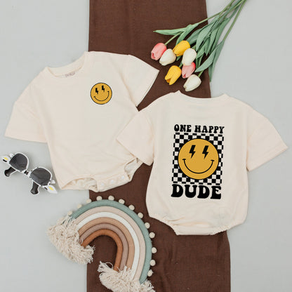 One Happy Dude Birthday Shirt Smiley Face Outfit Baby Boy First Birthday Family Matching Mommy and Me Cotton Casual Party Celebration Clothes