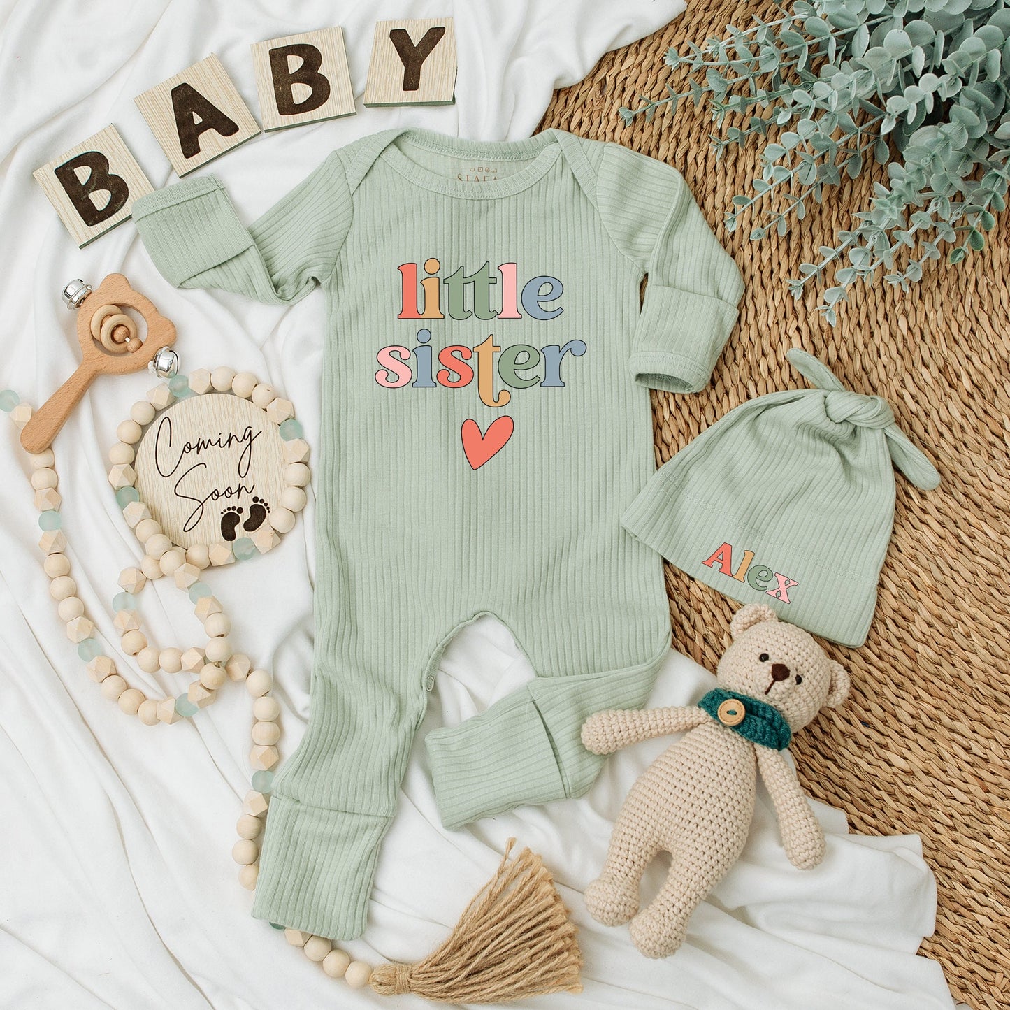 Little Sister Baby Bodysuit Hat Set Rainbow Retro Bubbly Font Newborn Girl Clothes Vintage Peach Heart Keepsake Gift Soft Cotton Outfit