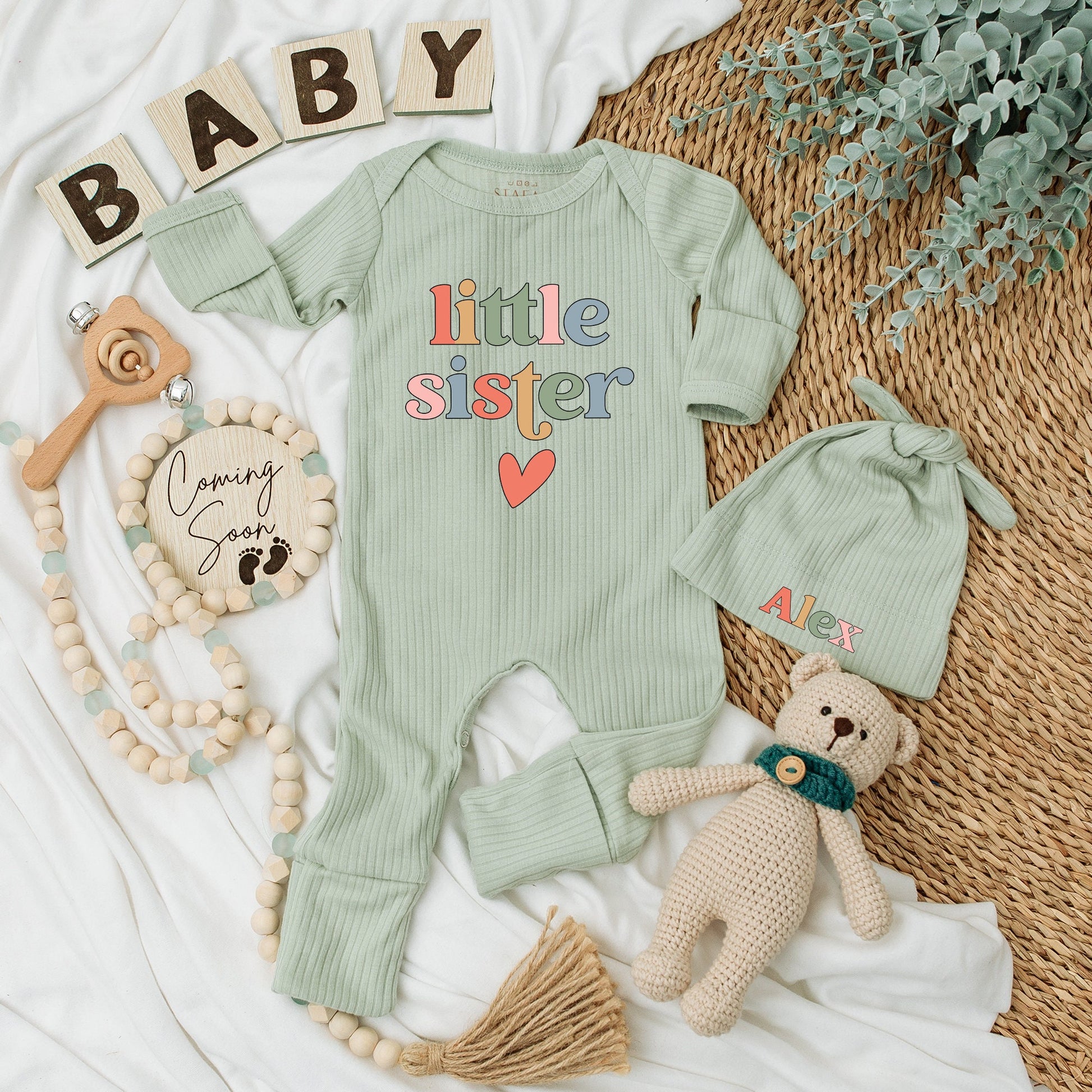 Little Sister Baby Bodysuit Hat Set Rainbow Retro Bubbly Font Newborn Girl Clothes Vintage Peach Heart Keepsake Gift Soft Cotton Outfit